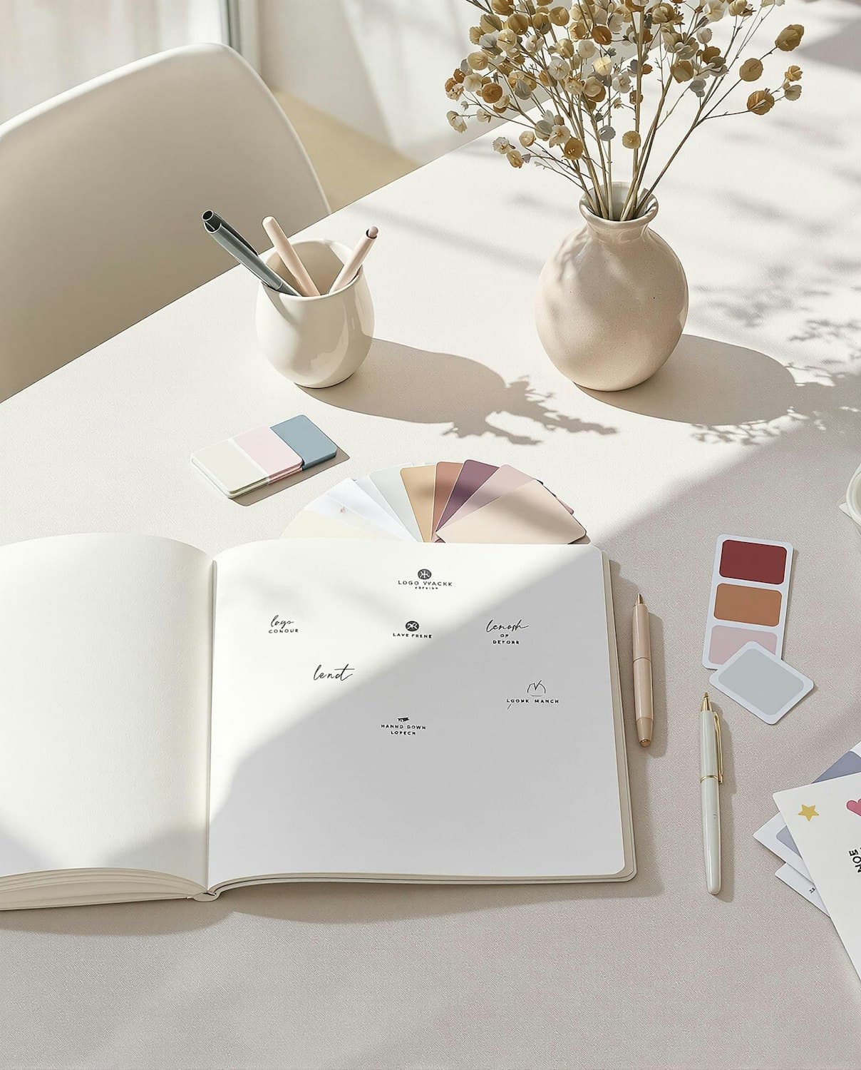 Designer reviewing swatches and a notebook at a desk