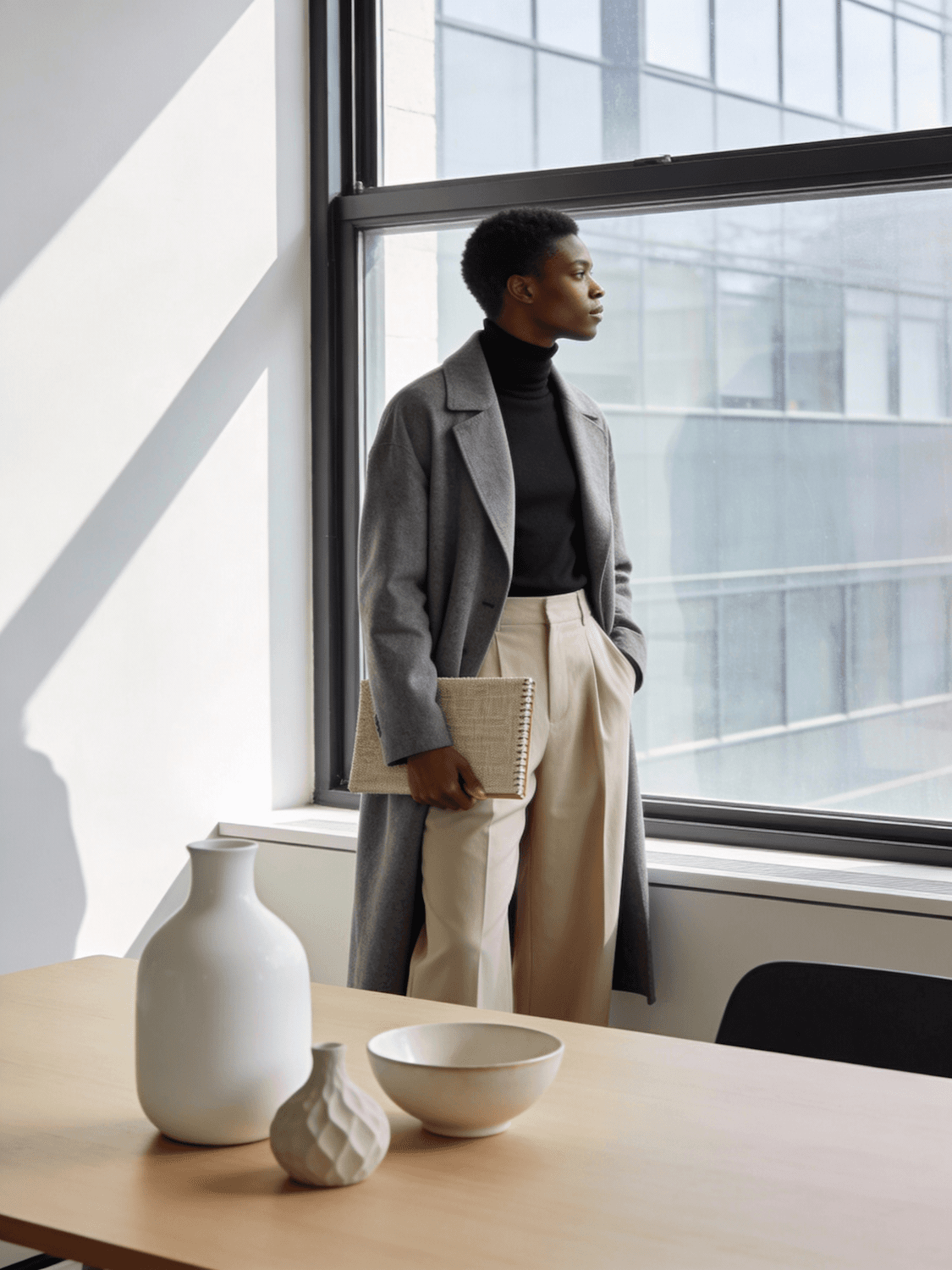 A designer reviewing notes by a studio window