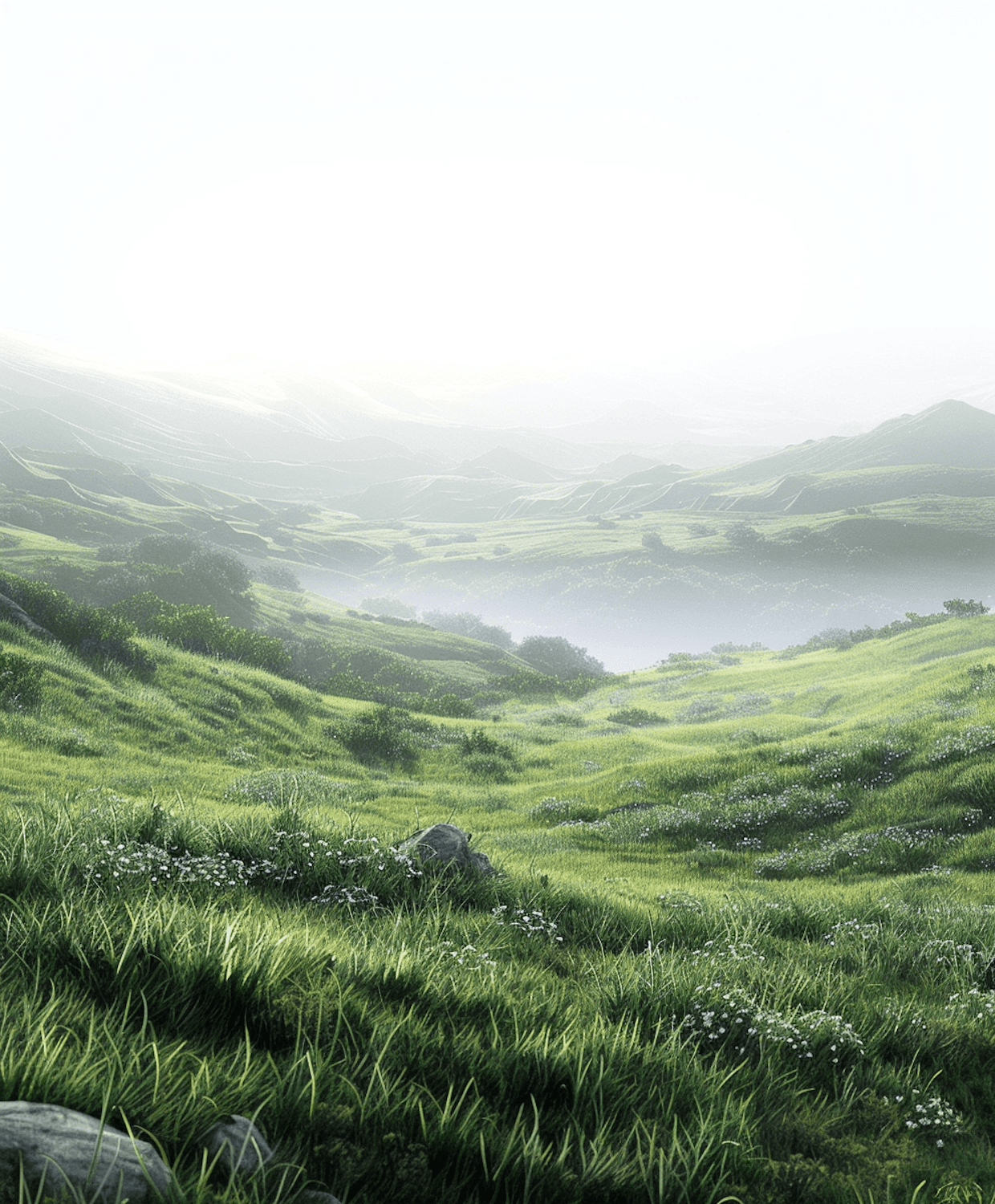 Soft morning light over rolling green hills