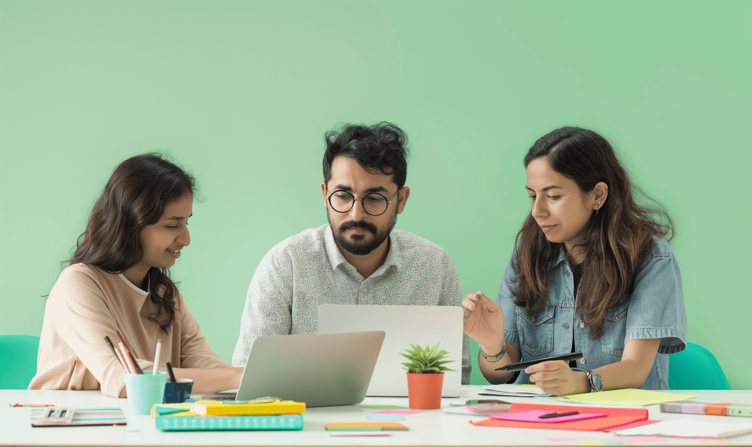 Colleagues collaborating over a laptop at a desk