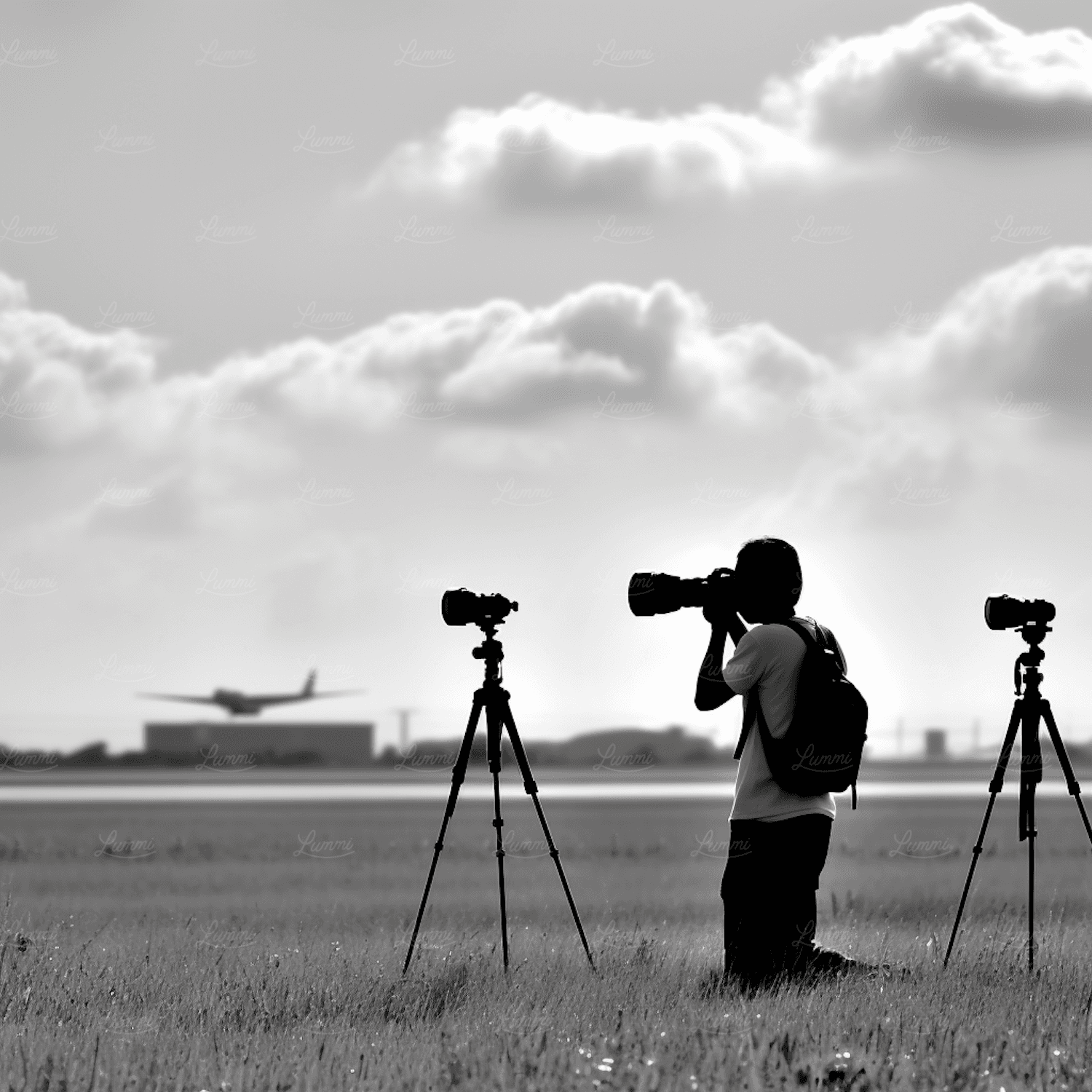 A photographer capturing a scene outdoors with cameras on tripods