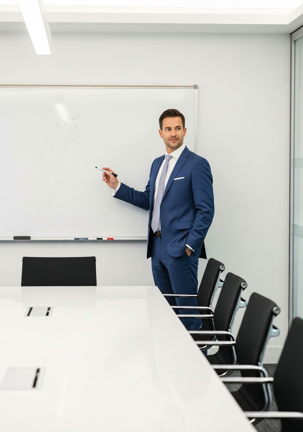A professional presenting at a whiteboard in a modern conference room