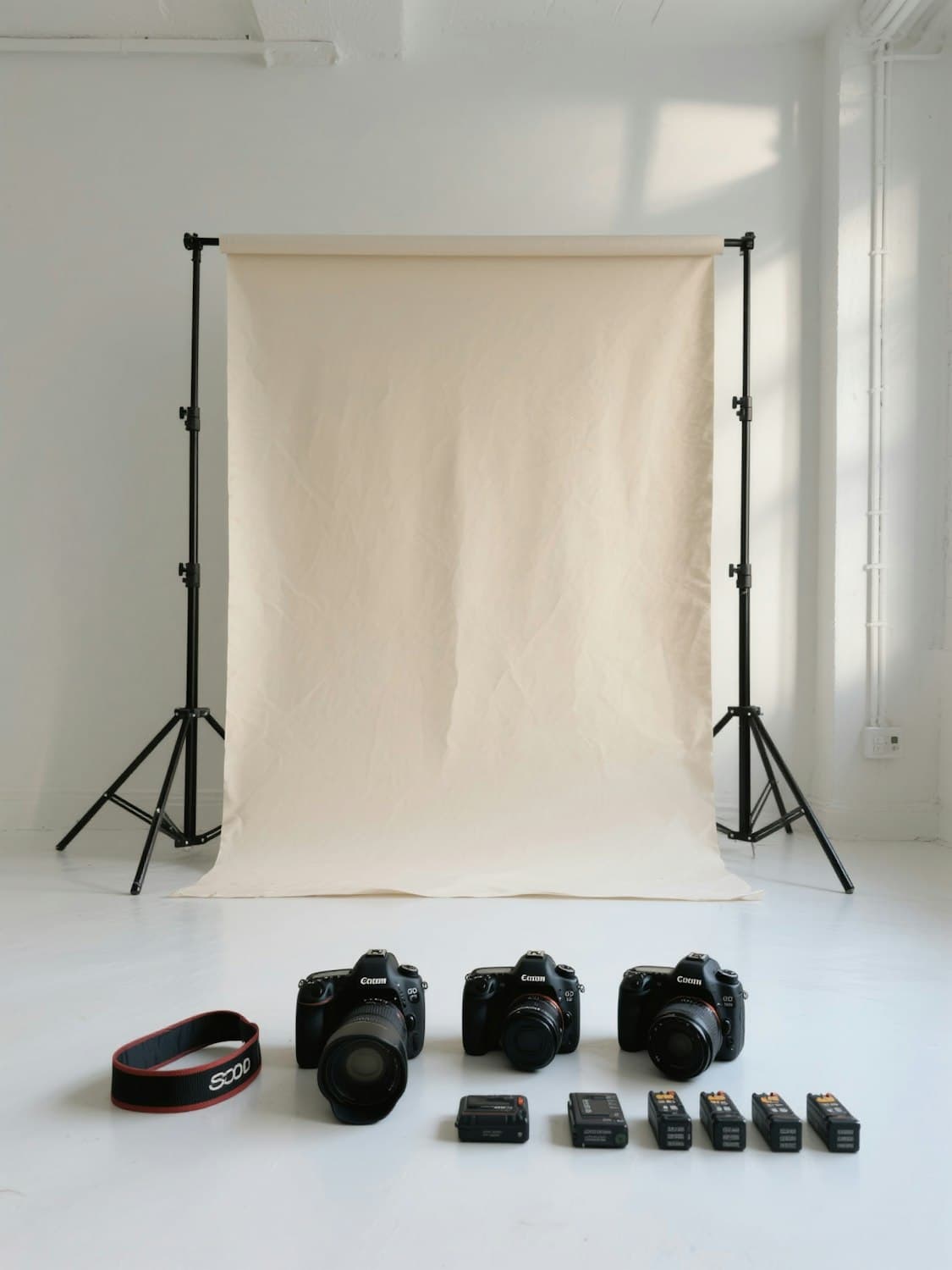 A photography studio setup with cameras on a white floor